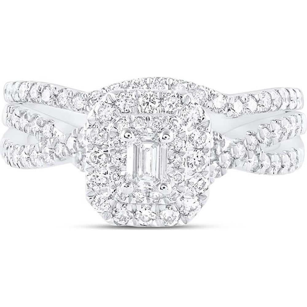 GND 14K White Gold Bridal Wedding Ring Set with Emerald-Cut and Round Diamonds - 1 Carat Total Diamond Weight