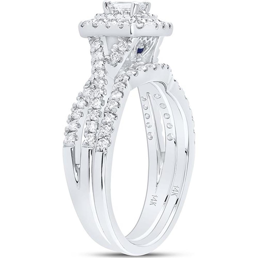 GND 14K White Gold Bridal Wedding Ring Set with Emerald-Cut and Round Diamonds - 1 Carat Total Diamond Weight