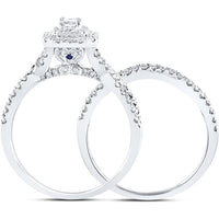GND 14K White Gold Bridal Wedding Ring Set with Emerald-Cut and Round Diamonds - 1 Carat Total Diamond Weight