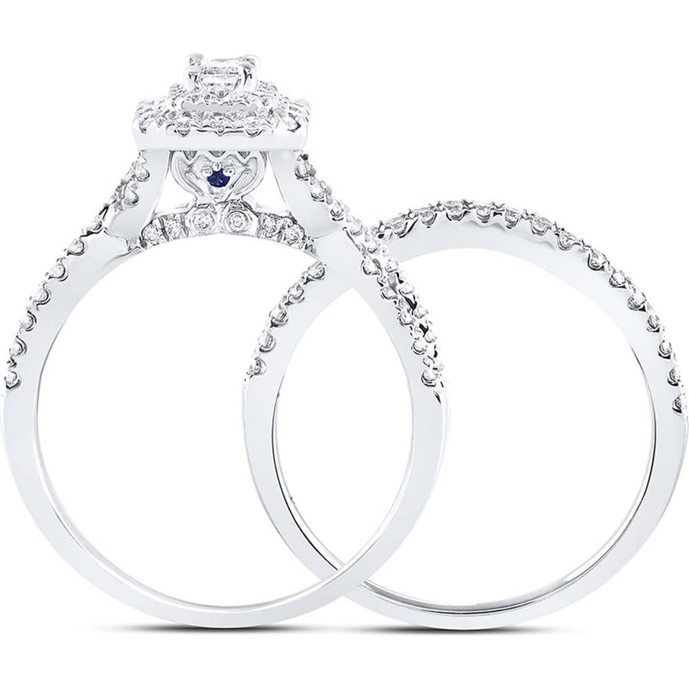 GND 14K White Gold Bridal Wedding Ring Set with Emerald-Cut and Round Diamonds - 1 Carat Total Diamond Weight