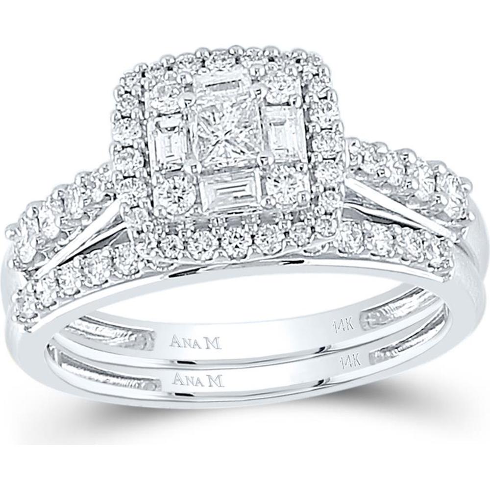 GND 14K White Gold Bridal Wedding Ring Set with Princess, Baguette, and Round Diamonds - 1 Carat Total Diamond Weight