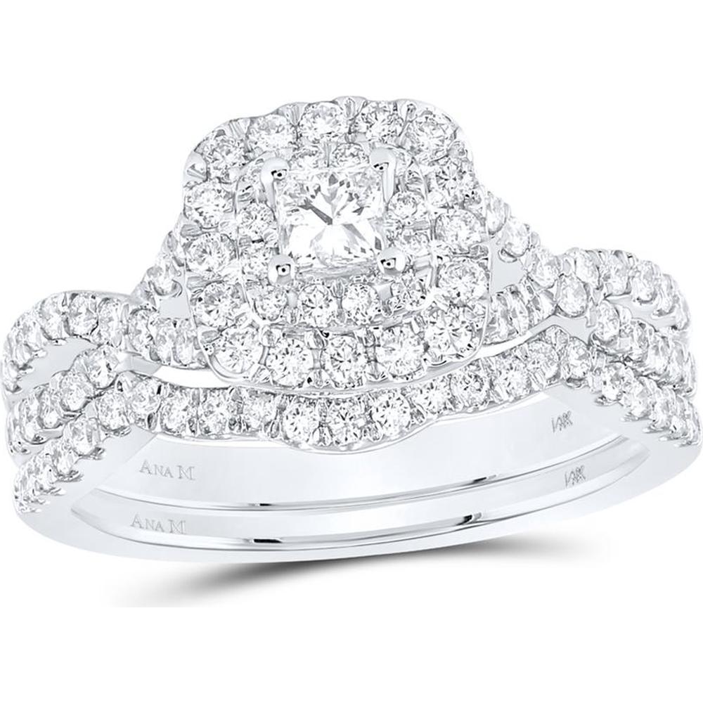 GND 14K White Gold Bridal Wedding Ring Set with Princess Diamond and Halo Design – 1.00 Carat Total Diamond Weight