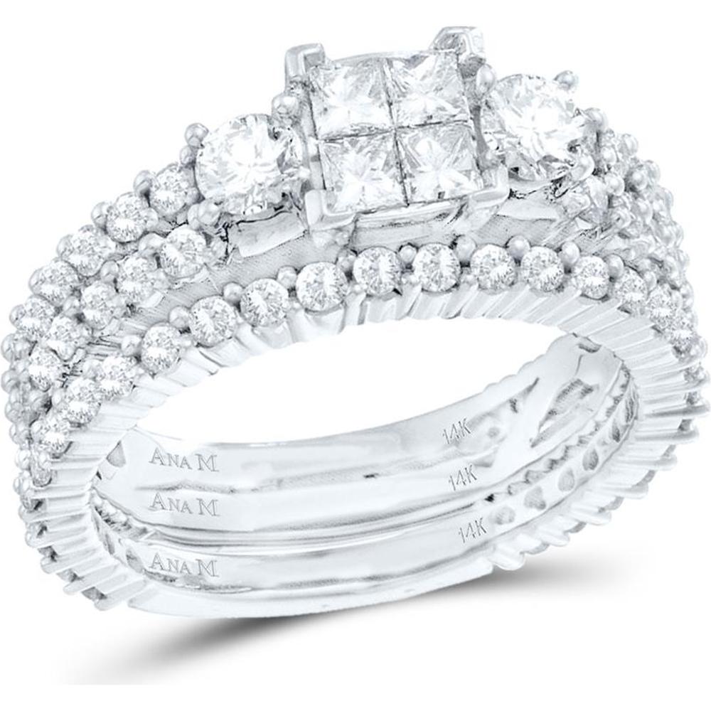 GND 14K White Gold Bridal Wedding Ring Set with Princess Diamond Cluster and Round Prong-Set Diamonds - 2.00 Carat Total Diamond Weight