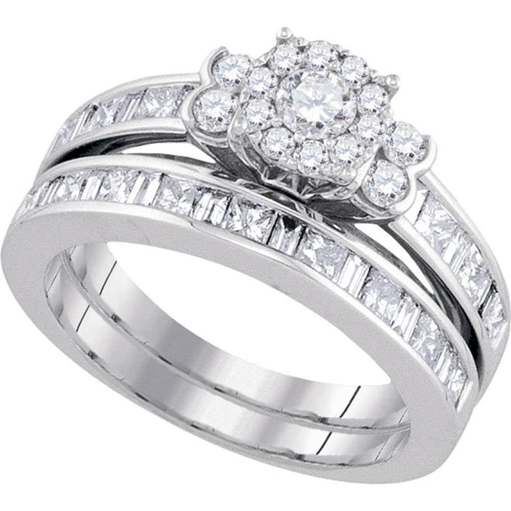 GND 14K White Gold Bridal Wedding Ring Set with Prong-Set Round and Baguette Diamonds - 1.63 Carat Total Diamond Weight