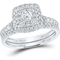 GND 14K White Gold Bridal Wedding Ring Set with Prong-Set Round Diamonds - 1.00 Carat Total Diamond Weight