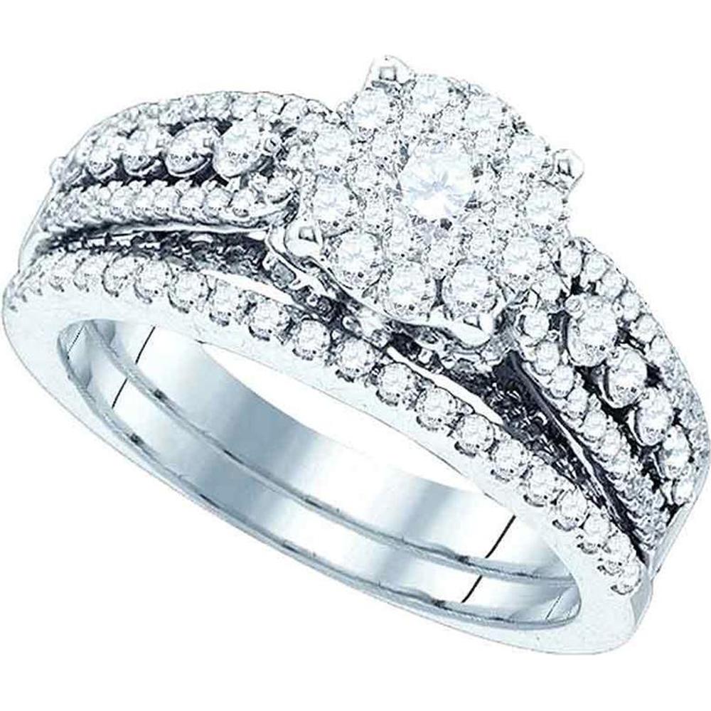 GND 14K White Gold Bridal Wedding Ring Set with Prong-Set Round Diamonds - 1 1/3 Carat Total Diamond Weight