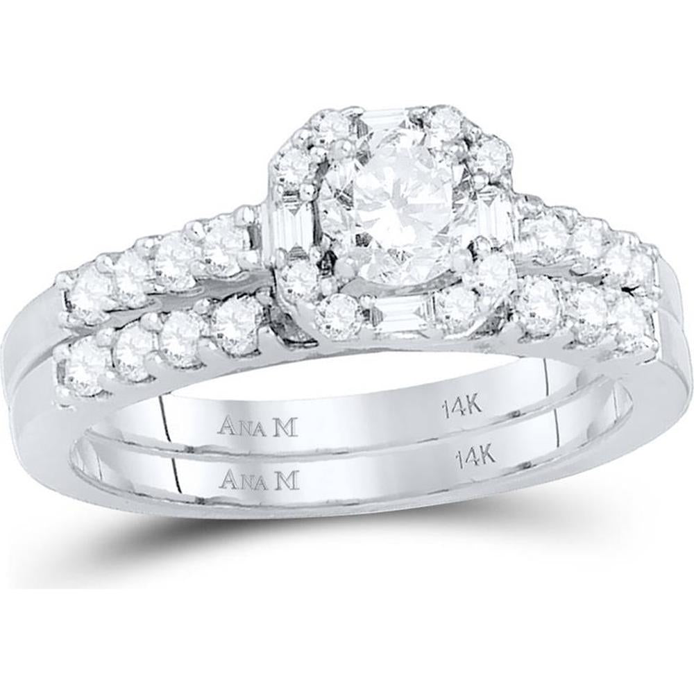 GND 14K White Gold Bridal Wedding Ring Set with Prong-Set Round Diamonds and Pave Halo - 1.00 Carat Total Diamond Weight
