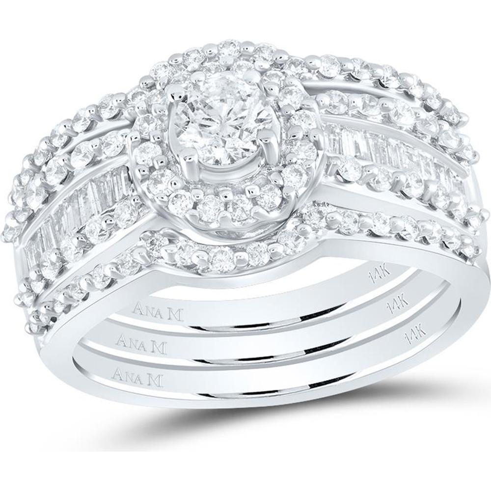 GND 14K White Gold Bridal Wedding Ring Set with Round and Baguette Diamonds - 1.00 Carat Total Diamond Weight