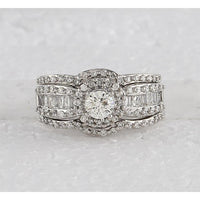GND 14K White Gold Bridal Wedding Ring Set with Round and Baguette Diamonds - 1.00 Carat Total Diamond Weight