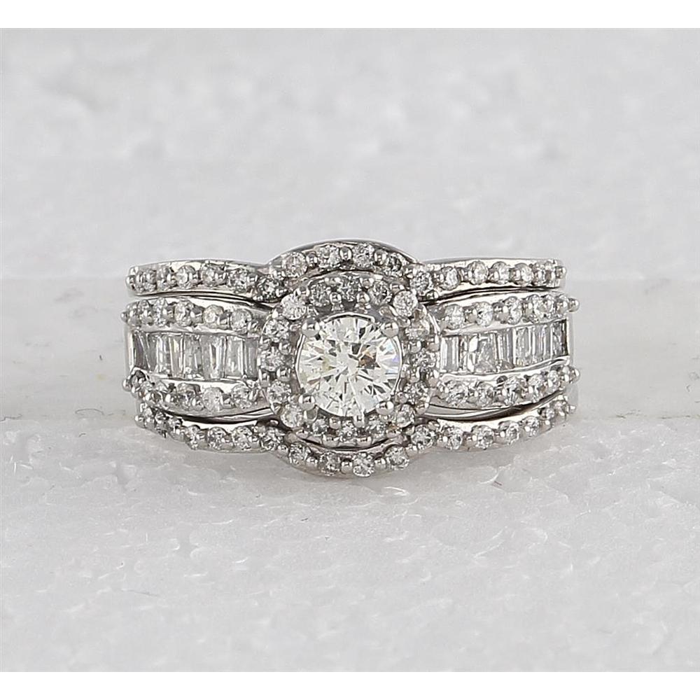 GND 14K White Gold Bridal Wedding Ring Set with Round and Baguette Diamonds - 1.00 Carat Total Diamond Weight