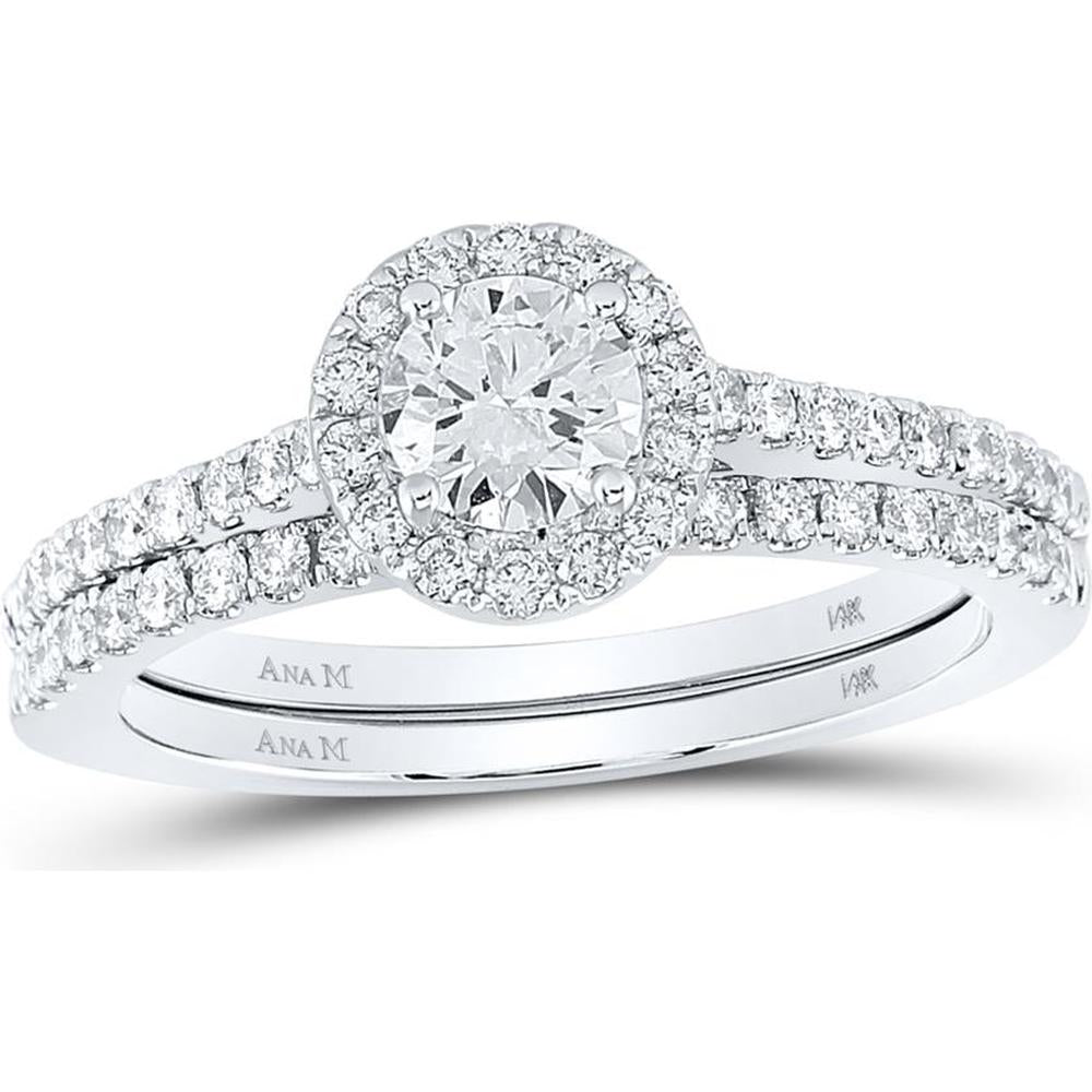 GND 14K White Gold Bridal Wedding Ring Set with Round Diamond Halo and Pave-Set Diamonds – 1.00 Carat Total Diamond Weight