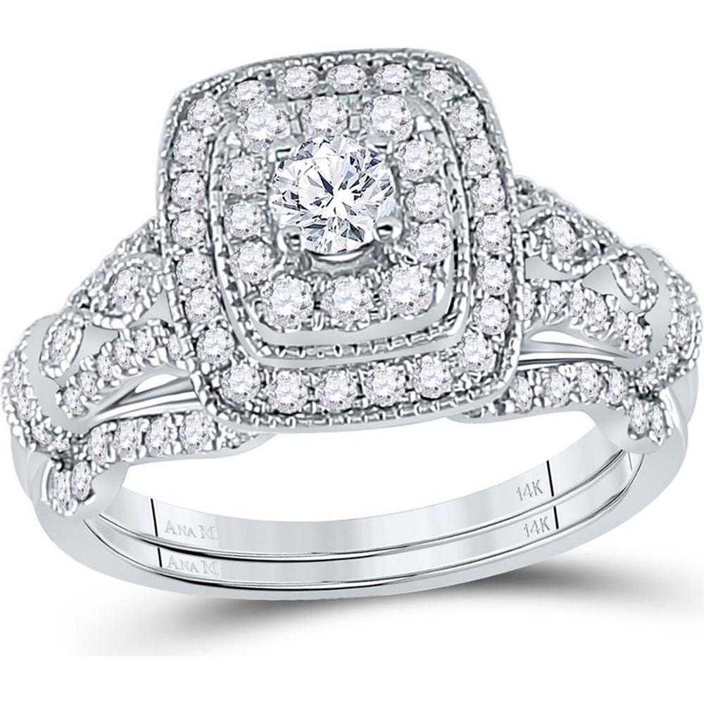 GND 14K White Gold Bridal Wedding Ring Set with Round Diamonds and Blue Sapphire Halo – 1.0 Carat Total Diamond Weight