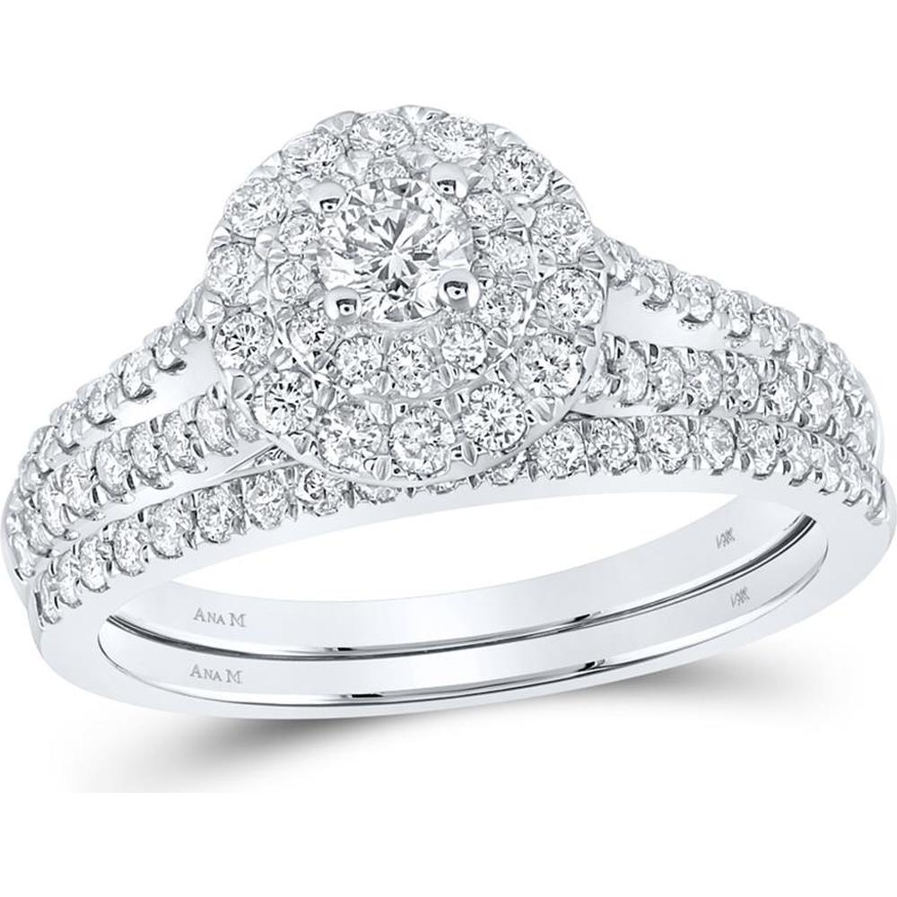 GND 14K White Gold Bridal Wedding Ring Set with Round Diamonds in Halo and Three-Row Band – 1.00 Carat Total Diamond Weight