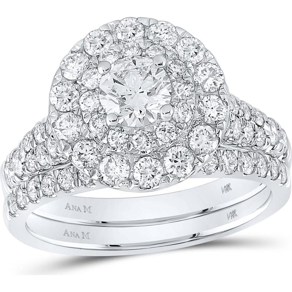 GND 14K White Gold Bridal Wedding Ring Set with Round Diamonds in Halo Design - 2.00 Carat Total Diamond Weight