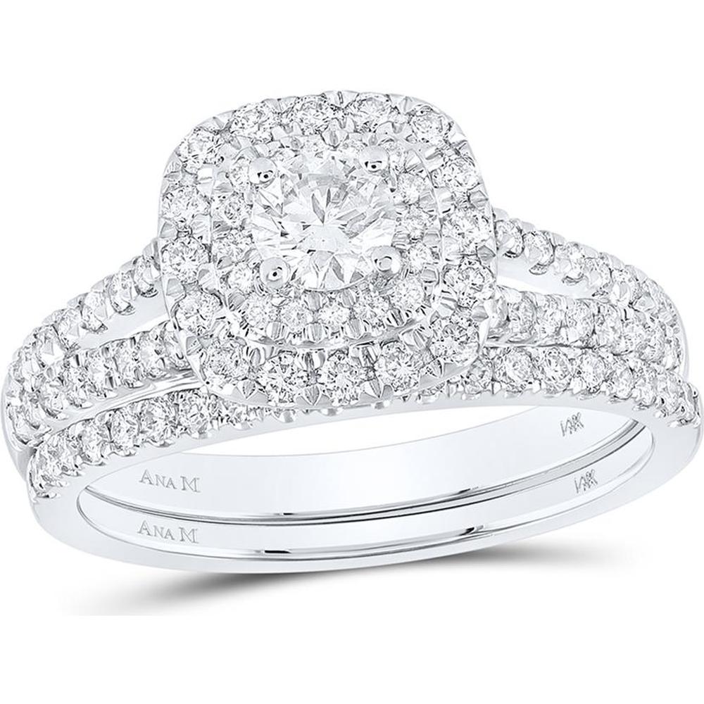 GND 14K White Gold Bridal Wedding Ring Set with Round Halo Diamonds - 1.00 Carat Total Diamond Weight
