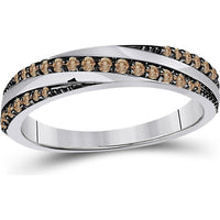 GND 14K White Gold Diagonal Stripe Band Ring with Prong-Set Round Brown Diamonds - 1/4 Carat Total Diamond Weight