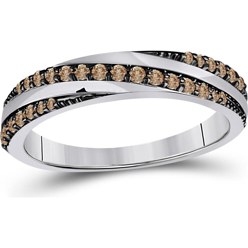 GND 14K White Gold Diagonal Stripe Band Ring with Prong-Set Round Brown Diamonds - 1/4 Carat Total Diamond Weight