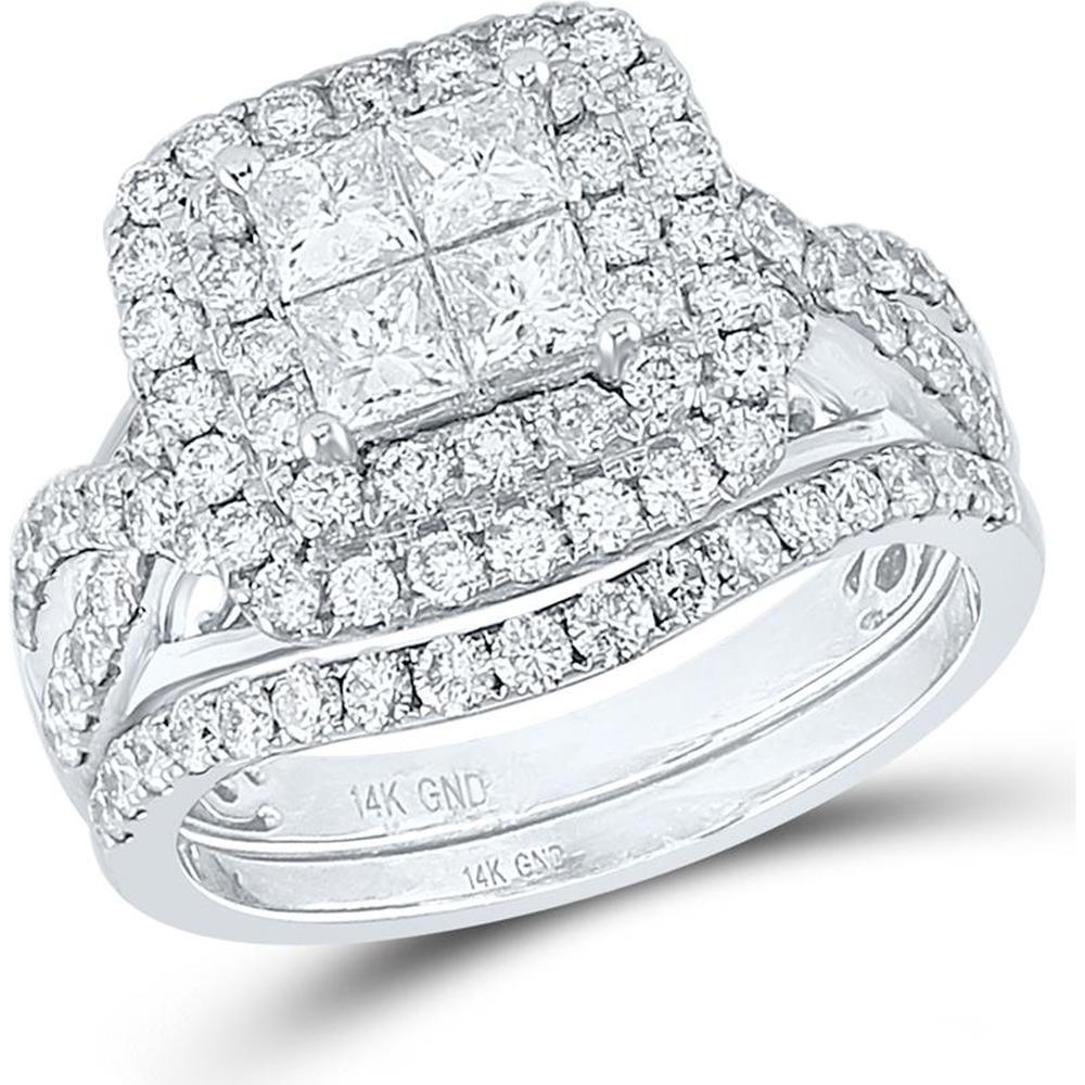 GND 14K White Gold Diamond Bridal Set with 1.28 Carat Invisible-Set Princess-Cut Diamonds and 0.64 Carat Pave-Set Round Diamonds – 1 7/8 Carat Total Diamond Weight