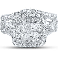 GND 14K White Gold Diamond Bridal Set with 1.28 Carat Invisible-Set Princess-Cut Diamonds and 0.64 Carat Pave-Set Round Diamonds – 1 7/8 Carat Total Diamond Weight
