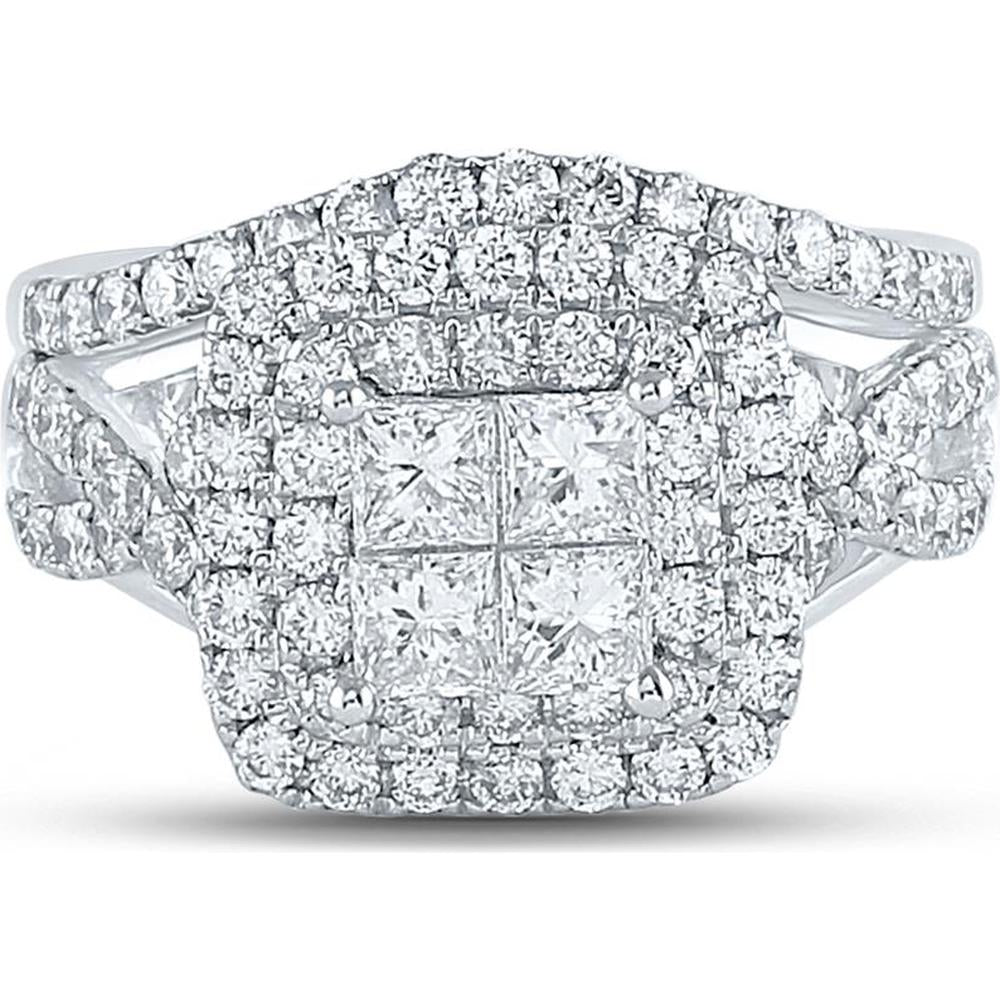 GND 14K White Gold Diamond Bridal Set with 1.28 Carat Invisible-Set Princess-Cut Diamonds and 0.64 Carat Pave-Set Round Diamonds – 1 7/8 Carat Total Diamond Weight