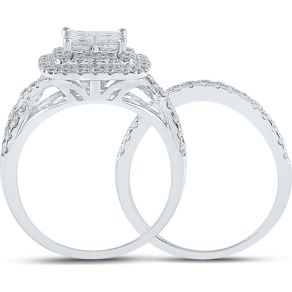 GND 14K White Gold Diamond Bridal Set with 1.28 Carat Invisible-Set Princess-Cut Diamonds and 0.64 Carat Pave-Set Round Diamonds – 1 7/8 Carat Total Diamond Weight