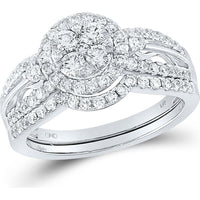 GND 14K White Gold Diamond Bridal Wedding Ring Set with 0.20 Carat Prong Set Center Stone and Pave Set Accents - 1.00 Carat Total Diamond Weight