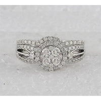 GND 14K White Gold Diamond Bridal Wedding Ring Set with 0.20 Carat Prong Set Center Stone and Pave Set Accents - 1.00 Carat Total Diamond Weight