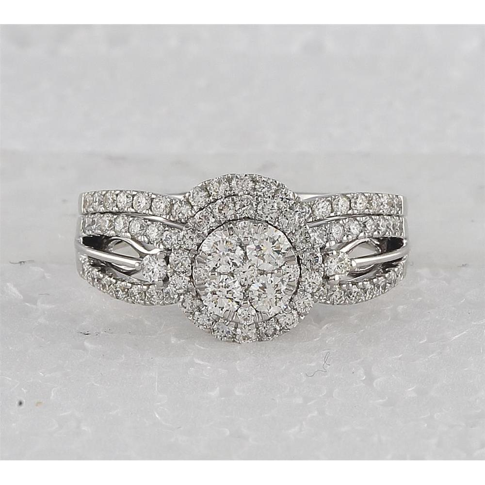 GND 14K White Gold Diamond Bridal Wedding Ring Set with 0.20 Carat Prong Set Center Stone and Pave Set Accents - 1.00 Carat Total Diamond Weight