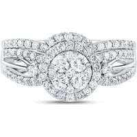 GND 14K White Gold Diamond Bridal Wedding Ring Set with 0.20 Carat Prong Set Center Stone and Pave Set Accents - 1.00 Carat Total Diamond Weight