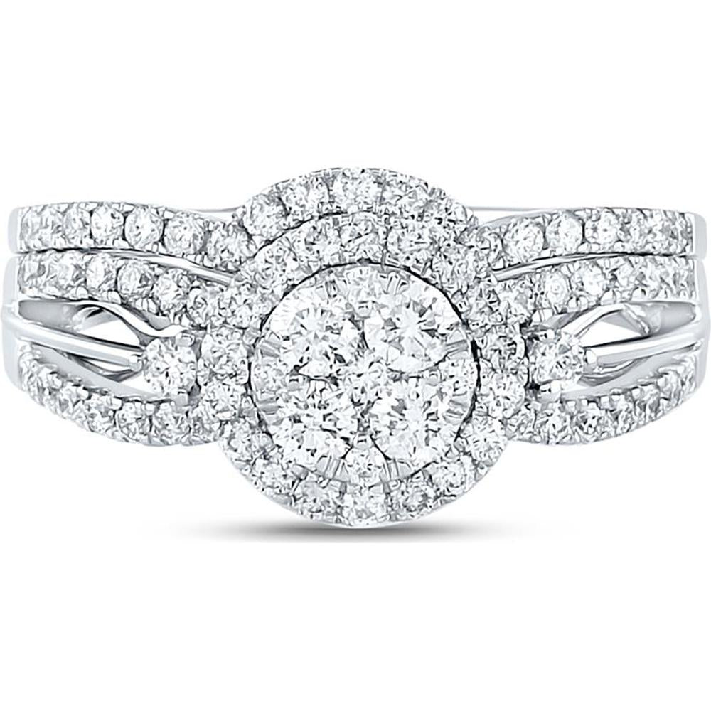GND 14K White Gold Diamond Bridal Wedding Ring Set with 0.20 Carat Prong Set Center Stone and Pave Set Accents - 1.00 Carat Total Diamond Weight