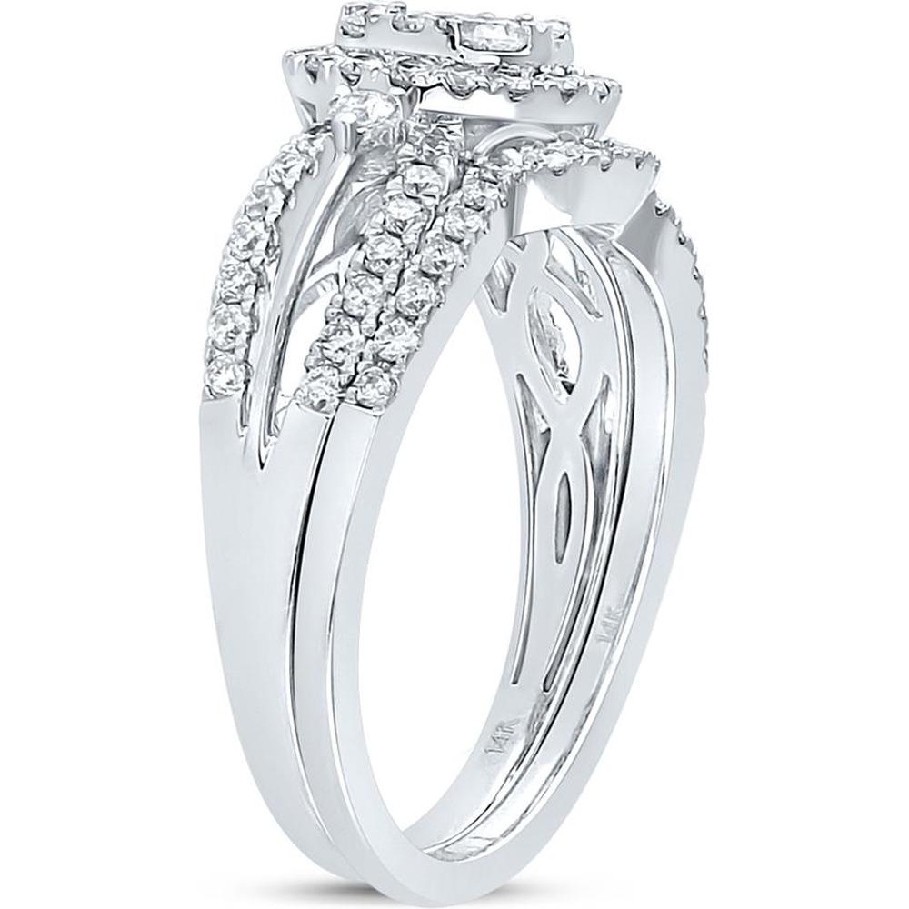 GND 14K White Gold Diamond Bridal Wedding Ring Set with 0.20 Carat Prong Set Center Stone and Pave Set Accents - 1.00 Carat Total Diamond Weight