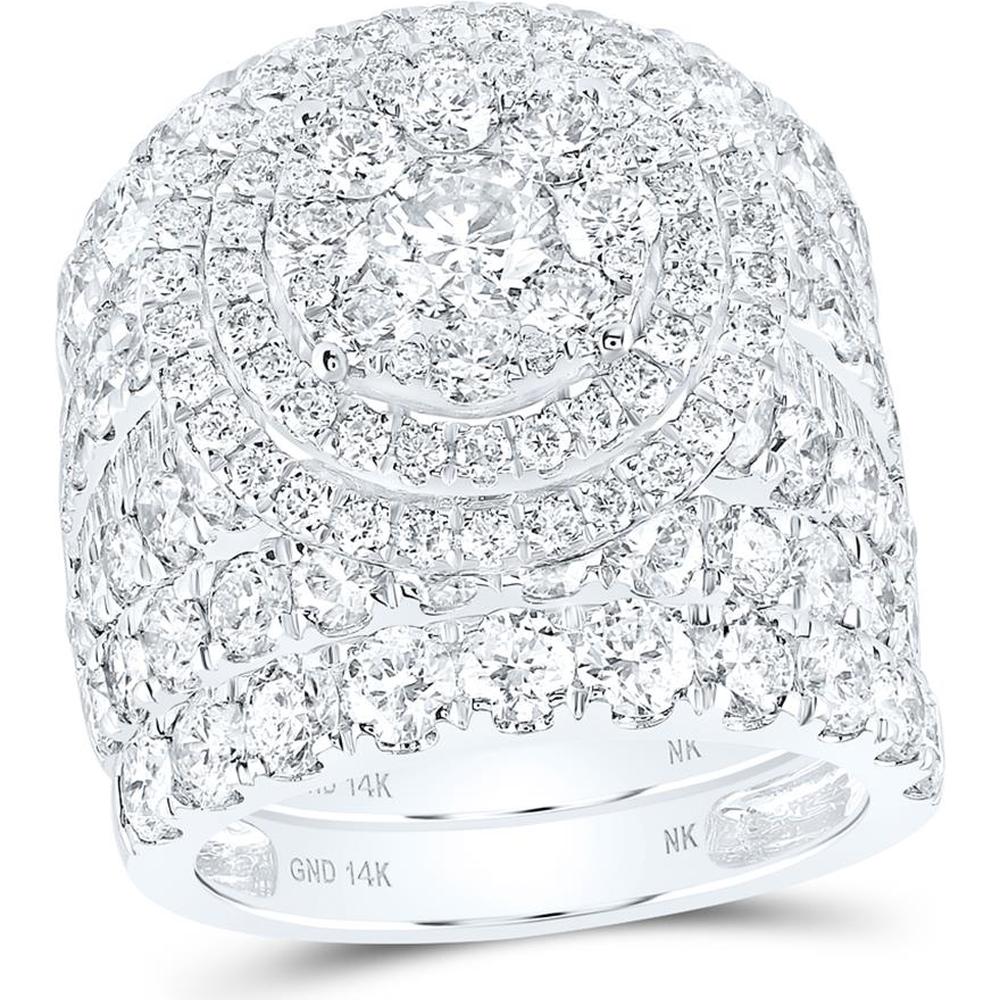 GND 14K White Gold Diamond Cluster Bridal Wedding Ring Set with Prong and Channel Set Diamonds - 7.0 Carat Total Diamond Weight