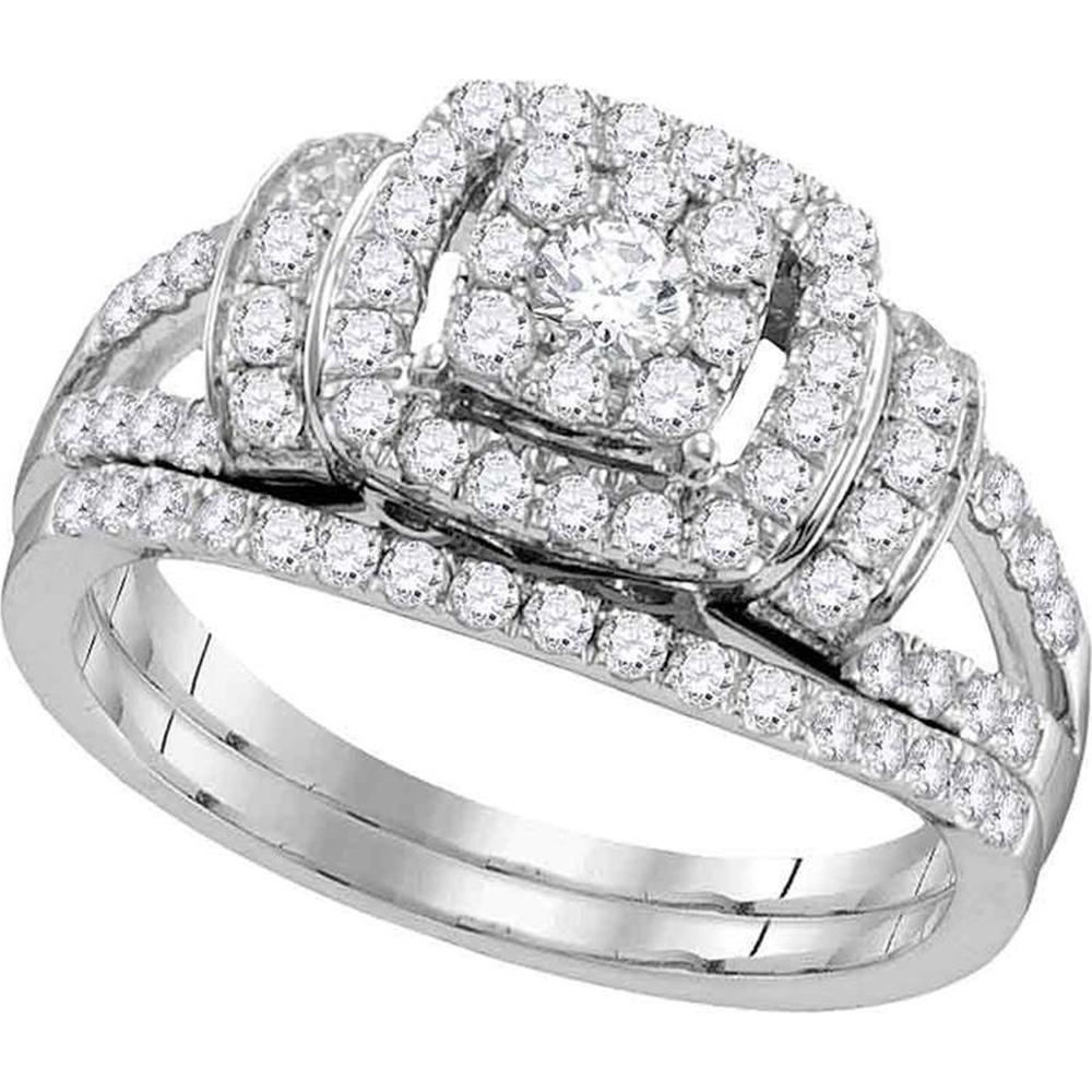 GND 14K White Gold Diamond Cluster Bridal Wedding Ring Set with Prong and Pave-Set Round Diamonds - 1.00 Carat Total Diamond Weight