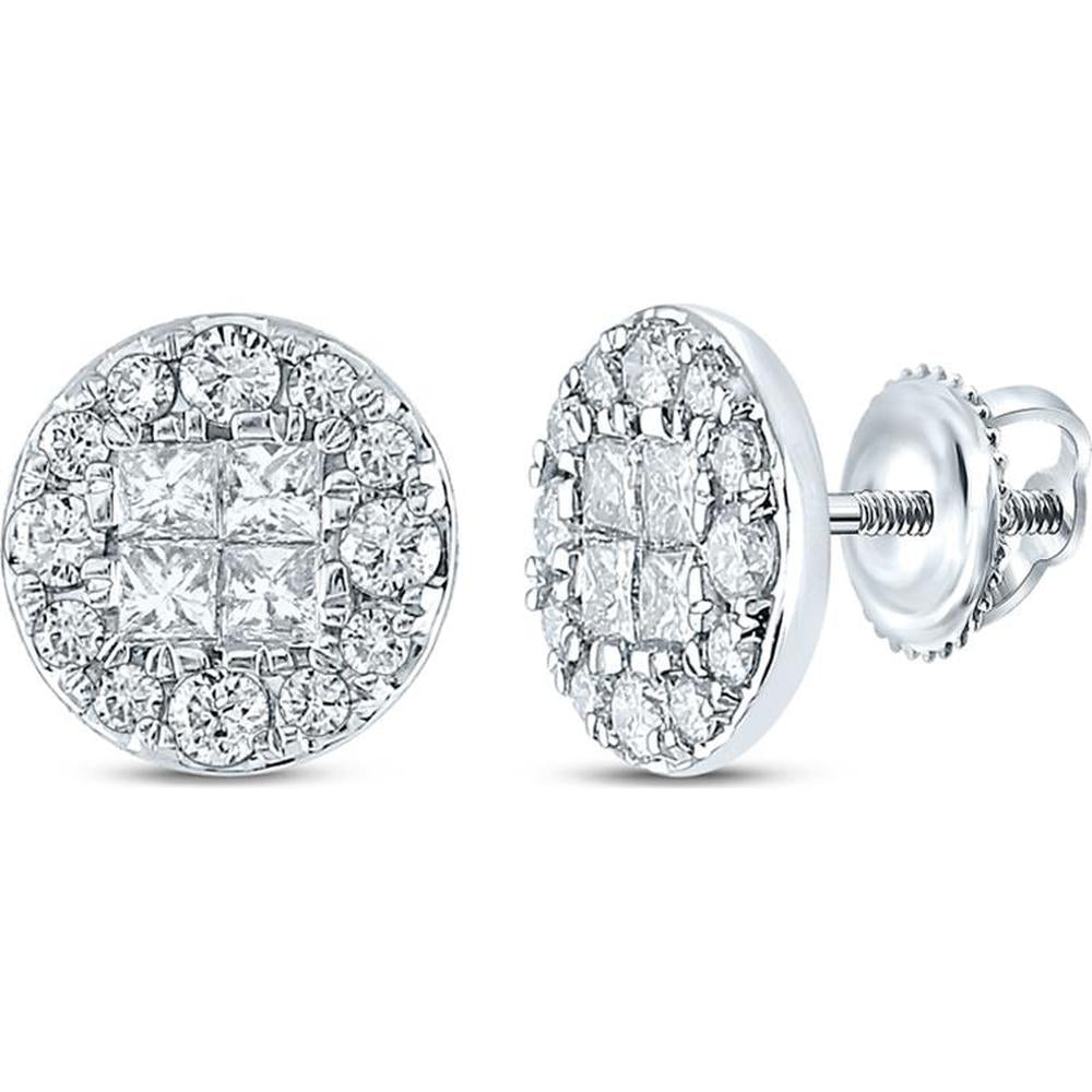 GND 14K White Gold Diamond Cluster Earrings with Princess and Round Diamonds - 1.00 Carat Total Diamond Weight