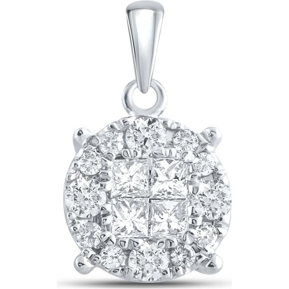 GND 14K White Gold Diamond Cluster Pendant with Princess and Round Diamonds - 1/2 Carat Total Diamond Weight
