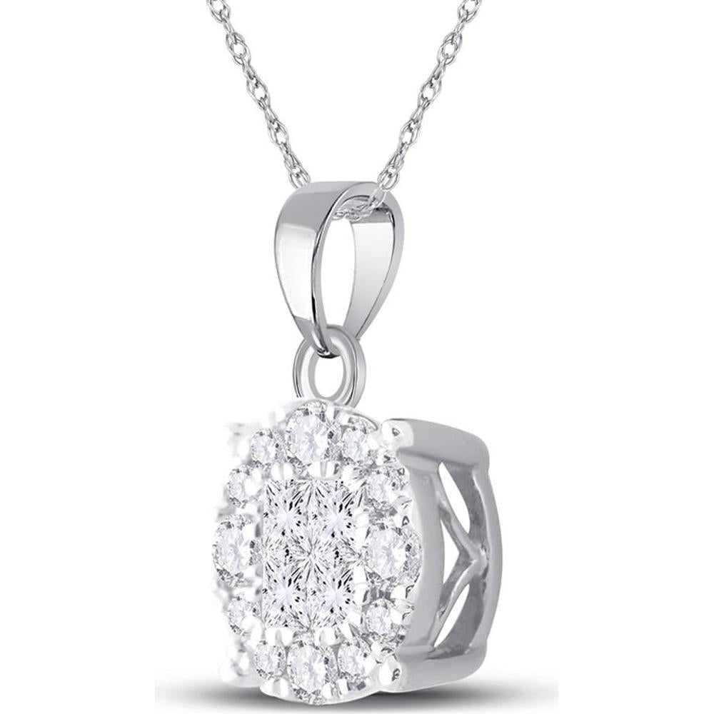 GND 14K White Gold Diamond Cluster Pendant with Princess and Round Diamonds - 1/2 Carat Total Diamond Weight