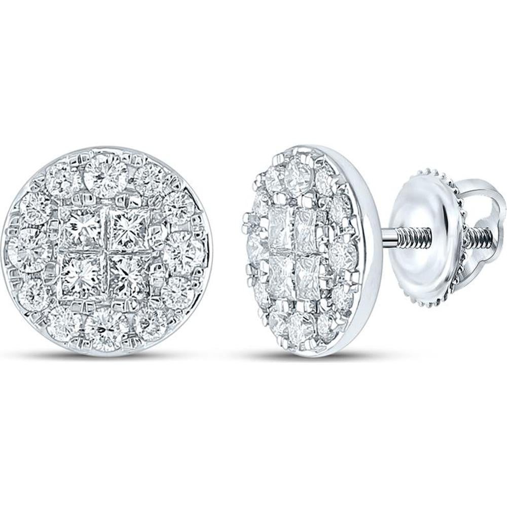 GND 14K White Gold Diamond Cluster Stud Earrings with Princess and Round Diamonds - 2.00 Carat Total Diamond Weight