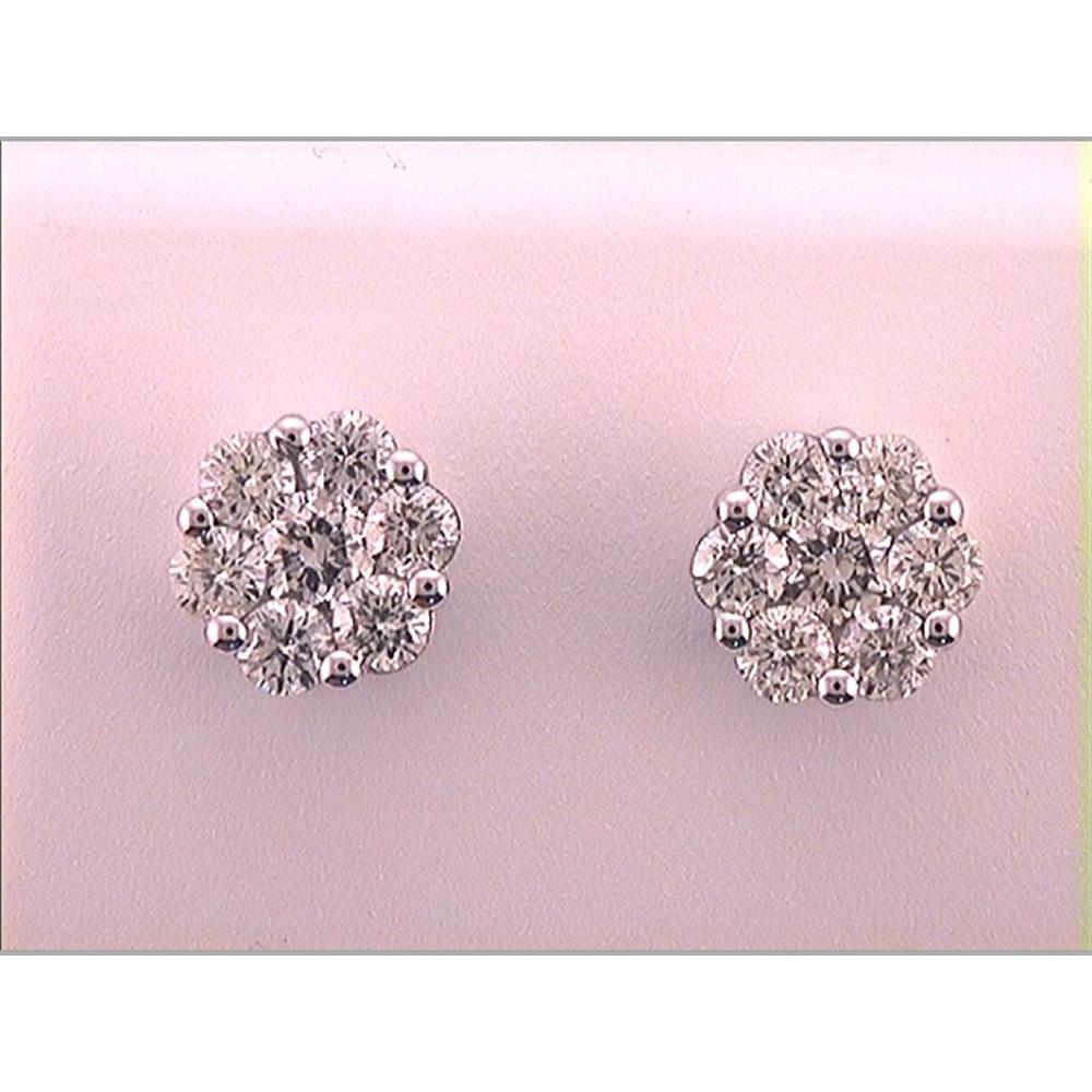 GND 14K White Gold Diamond Cluster Stud Earrings with Round Diamonds - 1 1/2 Carat Total Diamond Weight