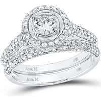 GND 14K White Gold Diamond Halo Bridal Wedding Ring Set with Round Prong-Set Diamonds – 1 1/4 Total Carat Weight