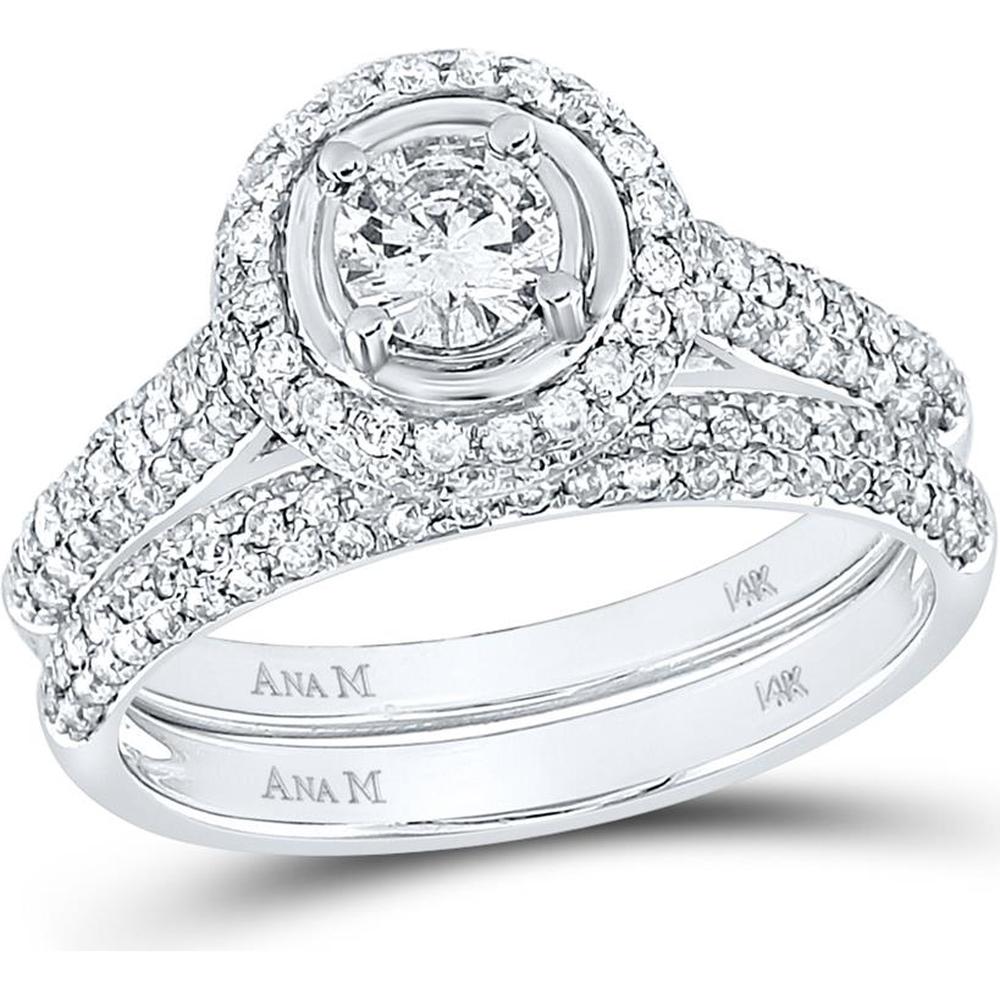 GND 14K White Gold Diamond Halo Bridal Wedding Ring Set with Round Prong-Set Diamonds – 1 1/4 Total Carat Weight