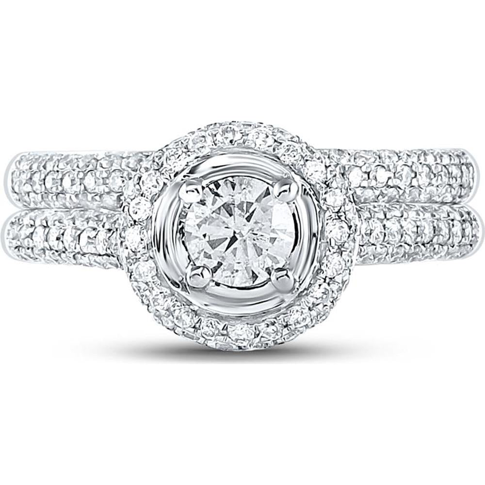 GND 14K White Gold Diamond Halo Bridal Wedding Ring Set with Round Prong-Set Diamonds – 1 1/4 Total Carat Weight