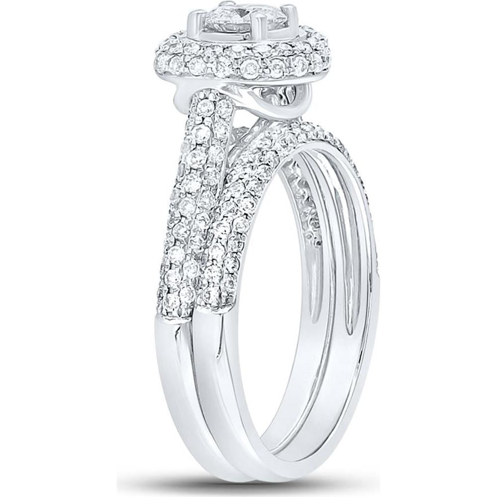 GND 14K White Gold Diamond Halo Bridal Wedding Ring Set with Round Prong-Set Diamonds – 1 1/4 Total Carat Weight