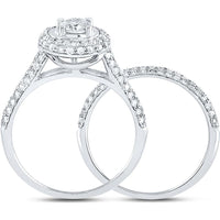 GND 14K White Gold Diamond Halo Bridal Wedding Ring Set with Round Prong-Set Diamonds – 1 1/4 Total Carat Weight