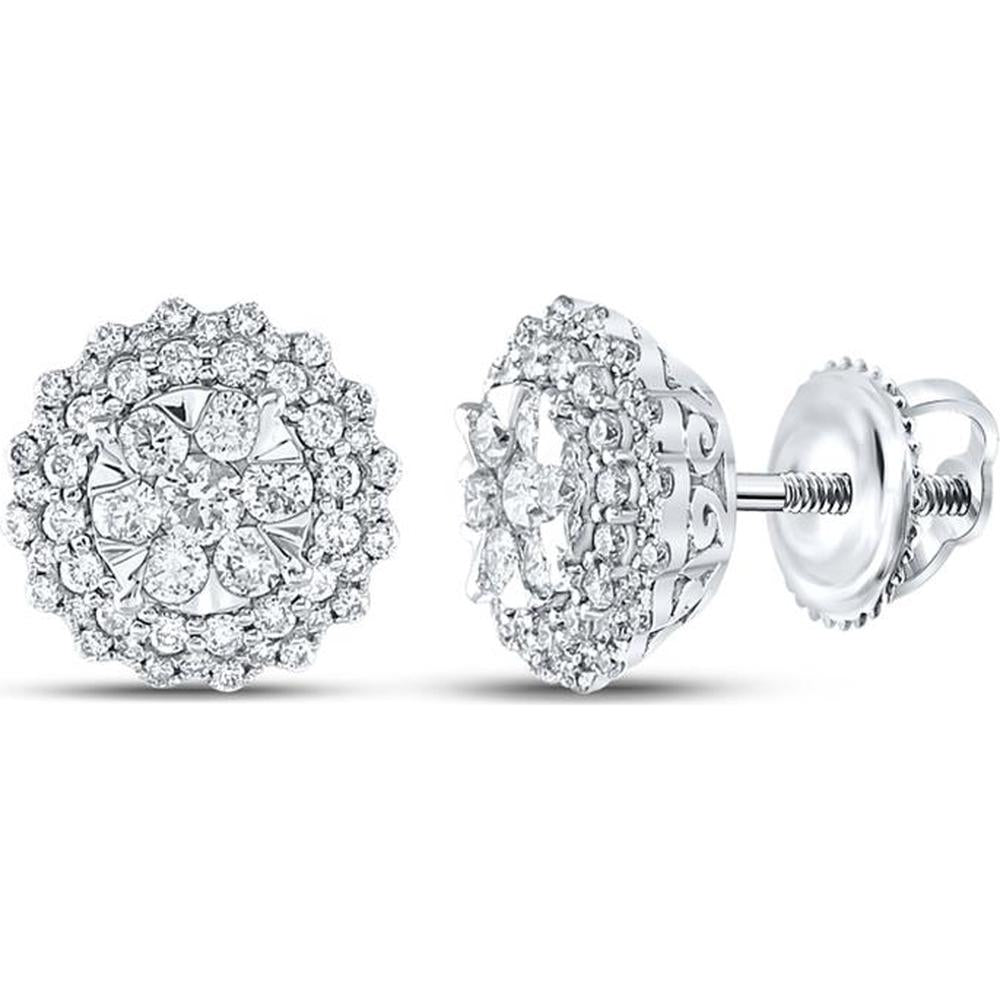 GND 14K White Gold Diamond Halo Cluster Stud Earrings - 1.00 Carat Total Diamond Weight