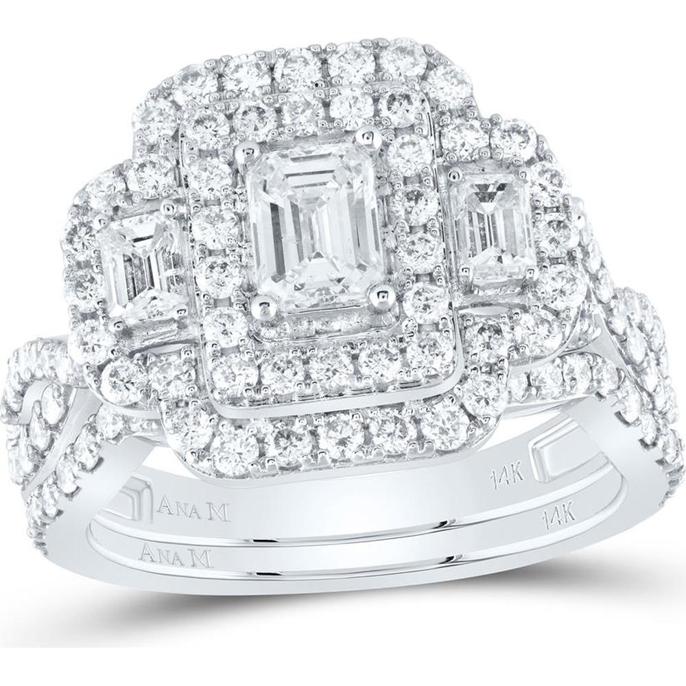 GND 14K White Gold Diamond Ring with Emerald-Cut and Round Pave-Set Diamonds - 1-7/8 Carat Total Gemstone Weight