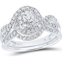GND 14K White Gold Diamond Swirl Halo Bridal Wedding Ring Set with Round Prong and Pave Diamonds - 1.00 Carat Total Diamond Weight