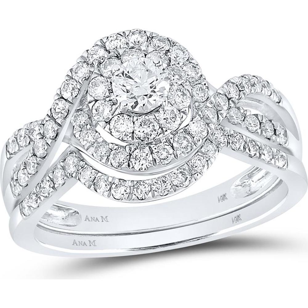 GND 14K White Gold Diamond Swirl Halo Bridal Wedding Ring Set with Round Prong and Pave Diamonds - 1.00 Carat Total Diamond Weight
