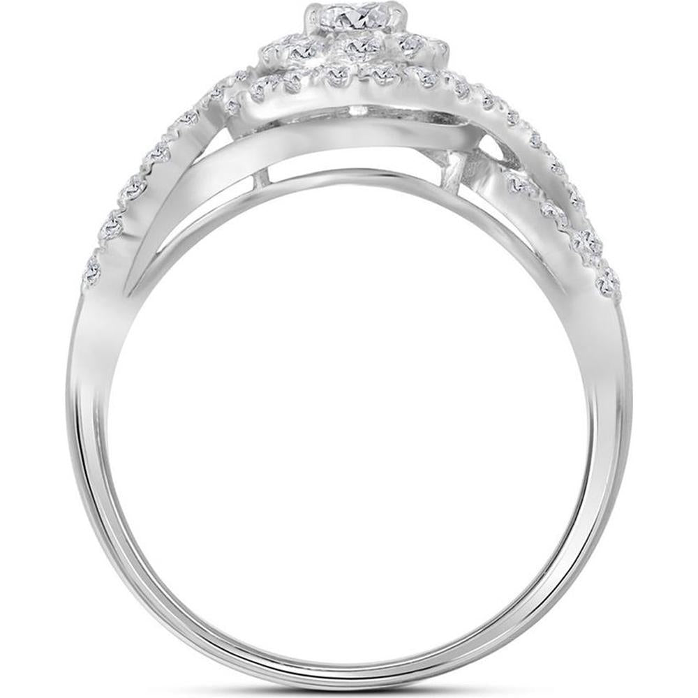 GND 14K White Gold Diamond Swirl Halo Bridal Wedding Ring Set with Round Prong and Pave Diamonds - 1.00 Carat Total Diamond Weight