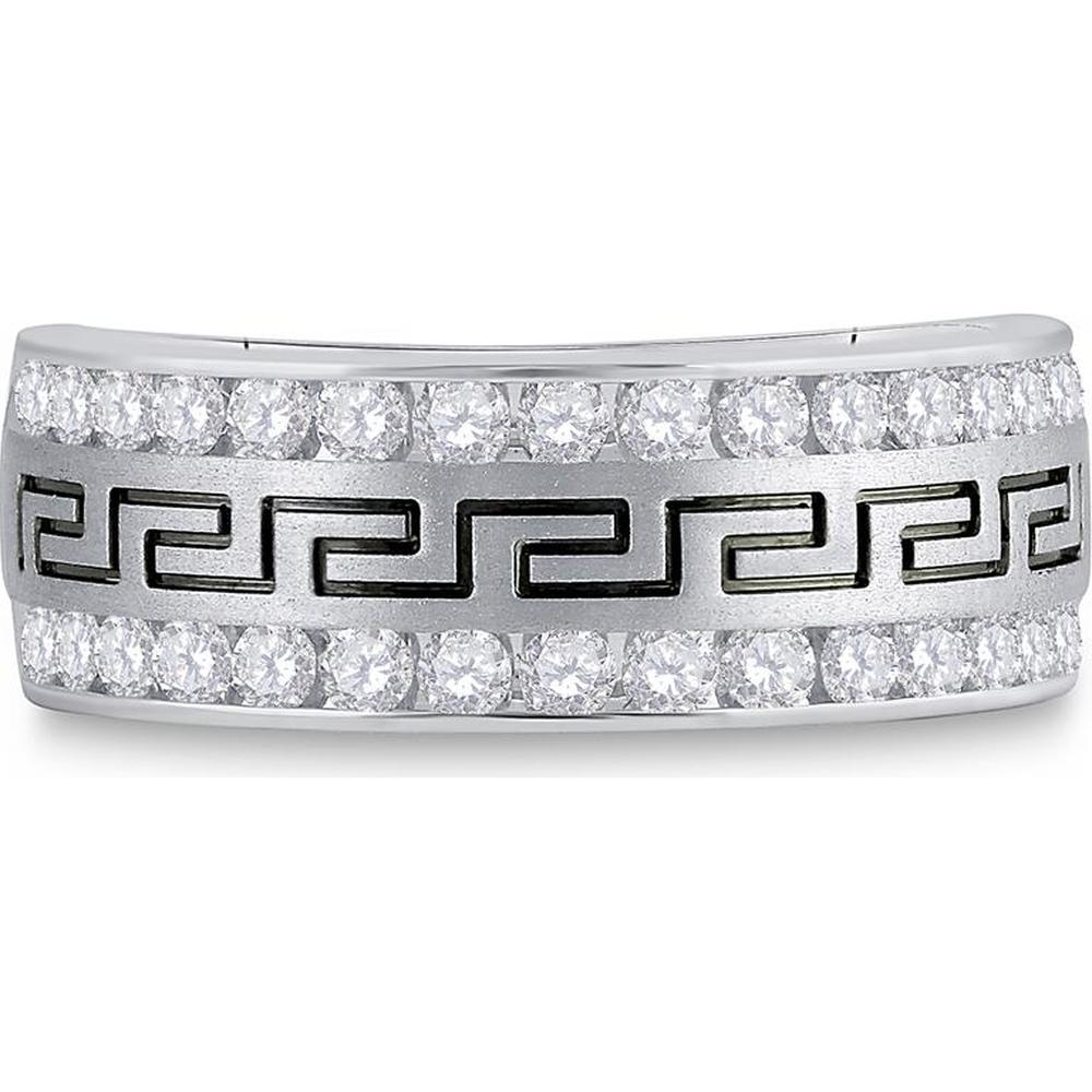 GND 14K White Gold Double Row Round Diamond Greco Greek Key Wedding Band – 1.03 Carat Total Diamond Weight
