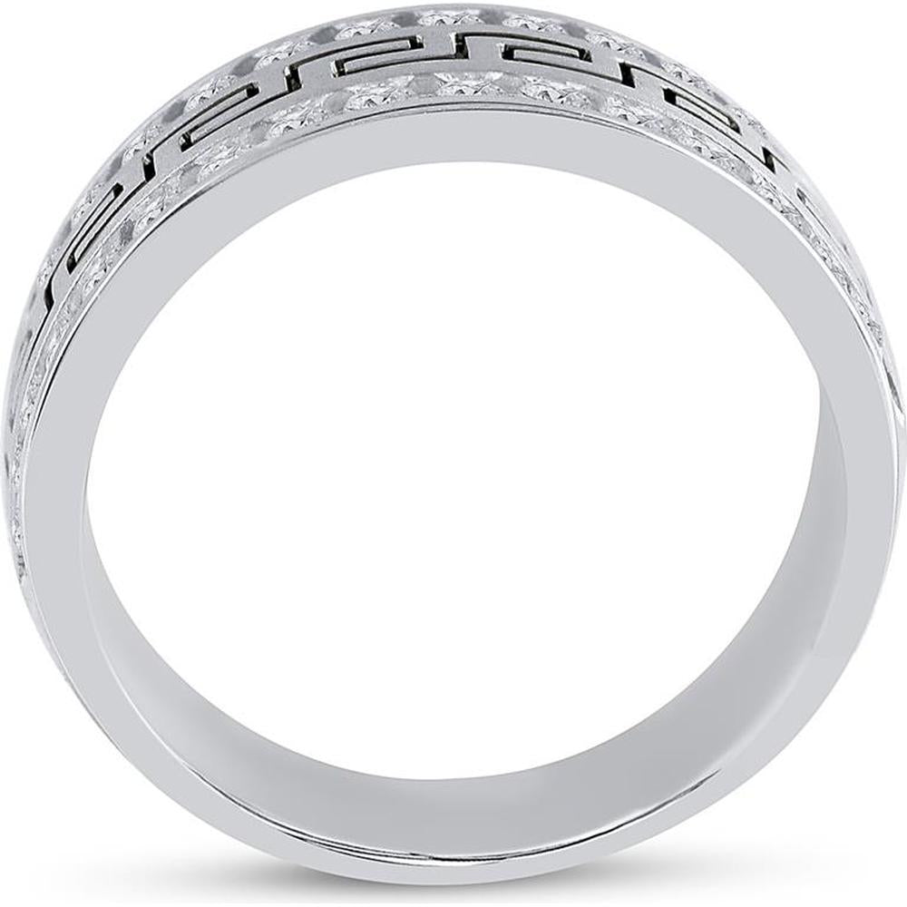 GND 14K White Gold Double Row Round Diamond Greco Greek Key Wedding Band – 1.03 Carat Total Diamond Weight